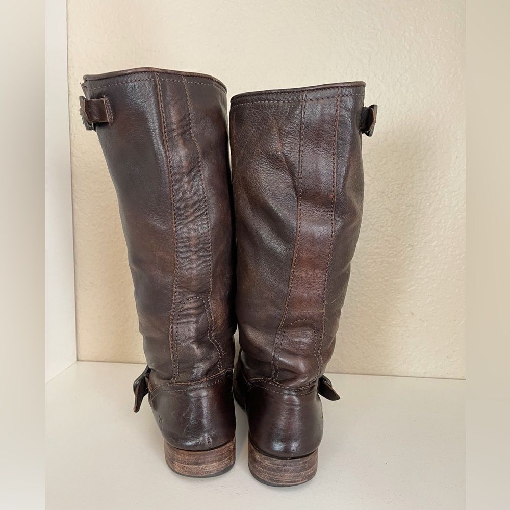 Frye Vintage Veronica tall buckle Slouchy Moto Boots in chocolate brown. 11 - Picture 5 of 15